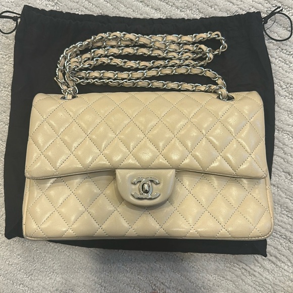 Chanel Beige Lambskin Medium Double Flap Bag Silver Hardware - Picture 1 of 1